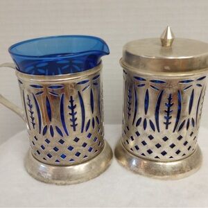 Vintage Silverplate & Cobalt Blue Glass Creamer + Sugar Set (Mid-Century)